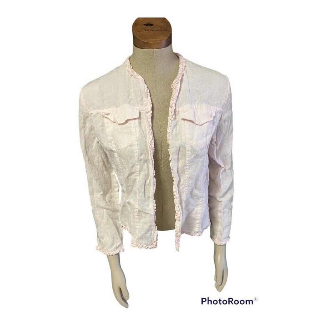 Chico's Cardigan Womens Size 1 Pink Linen Open Front Long Sleeve Solid‎